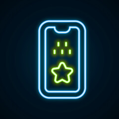 Obraz premium Glowing neon line Taxi mobile app icon isolated on black background. Mobile application taxi. Colorful outline concept. Vector