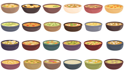 Street soup icons set cartoon vector. Cafe cooking. Appetizer cuisine