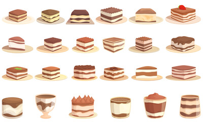 Tiramisu icons set cartoon vector. Food appetizer. Cake cream