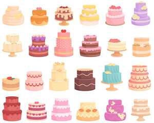 Wedding cake icons set cartoon vector. Bakery flower. Birthday date