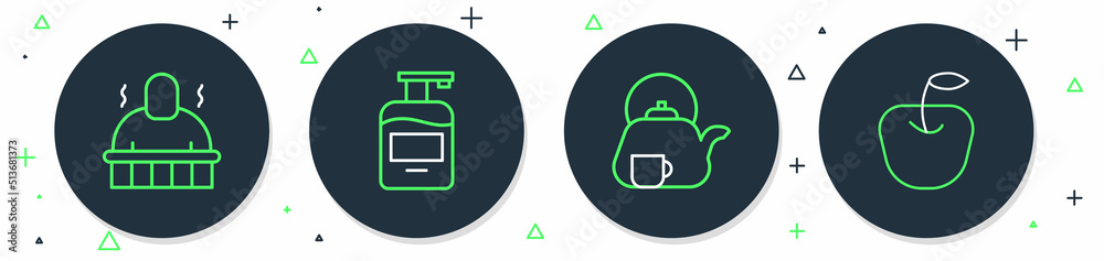 Sticker set line bottle of liquid soap, teapot with cup, sauna and spa procedures and apple icon. vector