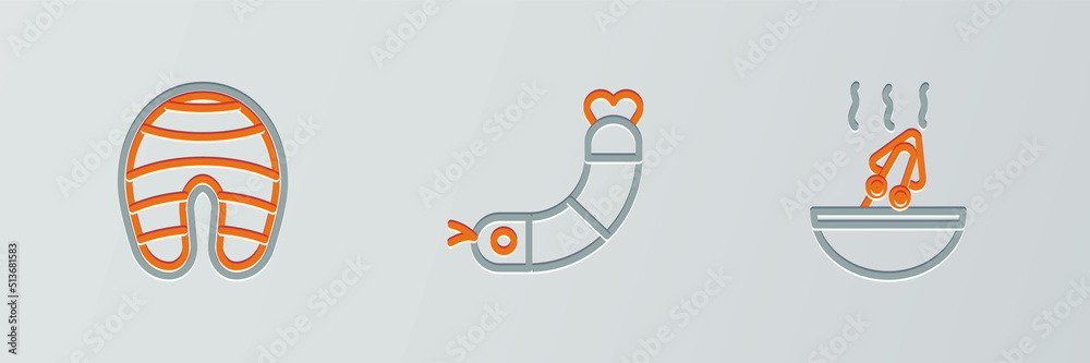 Wall mural set line soup with octopus, fish steak and shrimp icon. vector