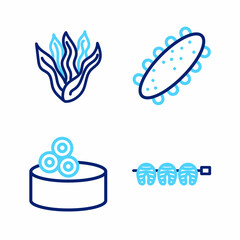 Set line Grilled fish steak, Tin can with caviar, Sea cucumber and Seaweed icon. Vector