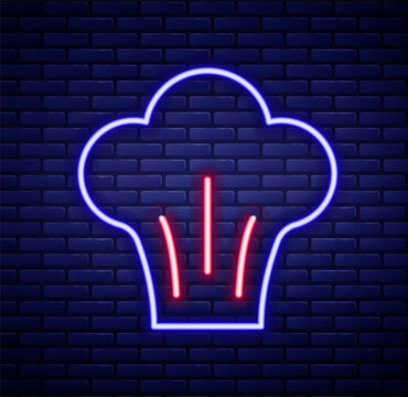 Glowing neon line Chef hat icon isolated on brick wall background. Cooking symbol. Cooks hat. Colorful outline concept. Vector
