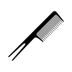 The comb icon. A black silhouette of a comb with teeth of different lengths and thicknesses and two teeth on the handle for styling hair. Vector illustration isolated on a white background for design.