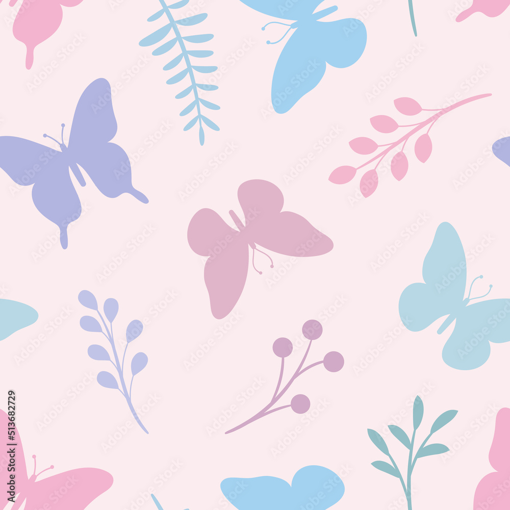 Poster pastel spring vector pattern with butterflies and plants, seamless background