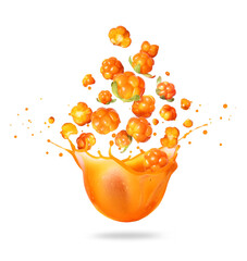 Ripe cloudberry in splashes of fresh juice on a white background