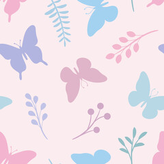 Pastel spring vector pattern with butterflies and plants, seamless background