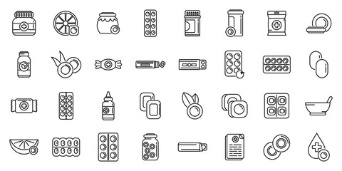Cough drops icons set outline vector. Pill medicine