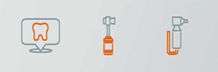 Set line Tooth drill, Dental clinic location and Toothbrush icon. Vector