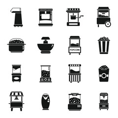 Popcorn maker machine icons set simple vector. Cinema corn
