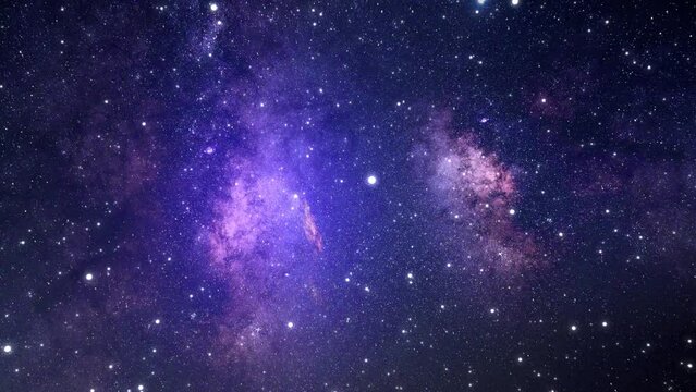 Seamless looped repetitive animation flight through deep space. Colorful starry night sky outer space background. Journey through the Milky Way to distant galaxies and constellations. 