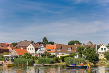 Boat at the Schlei river in Holm village of Schleswig, Germany
