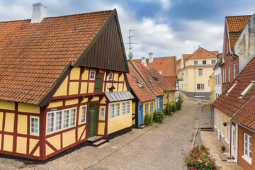 Half timbered house with leaning facade in Sonderborg, Denmark