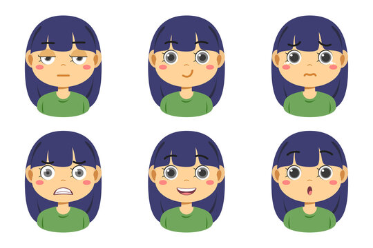 Collection of face expressions cute children cartoon character design. Different emotions girl Vector illustration. Face of smiling, crying, anger, surprise, indifferent isolated on white background.