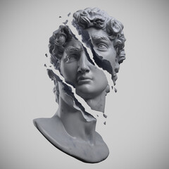 Abstract illustration from 3D rendering of a white marble bust of male classical sculpture broken shattered in three large pieces and tiny fragments isolated on gray background.