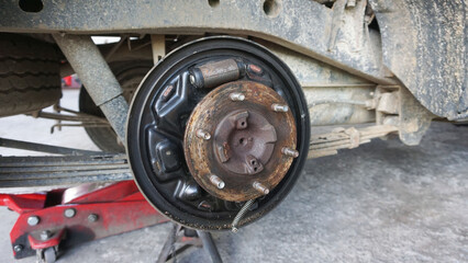 Wheels removed to maintain wear and tear for safe transport and travel.