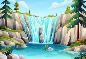 Beautiful waterfall scenery in forest landscape vector illustration © YG Studio