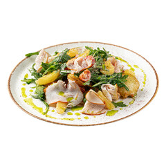 Isolated portion of gourmet smoked turkey salad on white background