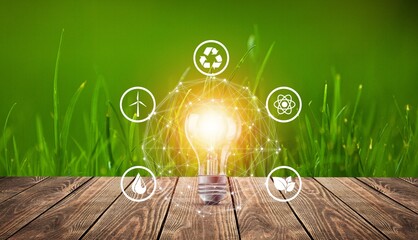 Green forest with moss and grass with lightbulb. Symbols of sustainable and eco friendly energy sources. Earth concept.