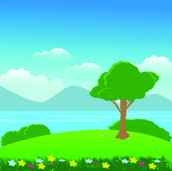 Fototapeta premium green hill lake with mountains landscape blue sky vector 