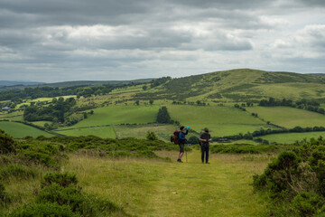 Men hikers stop to drink water and check the maps on Offa's Dyke Path in Wales