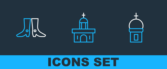 Obraz premium Set line Church tower, Ukrainian footwear and building icon. Vector