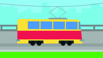 Tram rides on rails on a city street