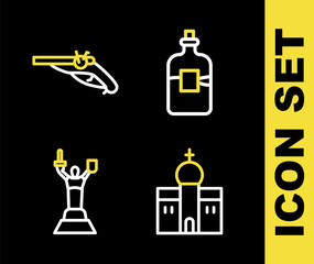 Set line Bottle of vodka, Church building, Mother Motherland monument and Vintage pistols icon. Vector