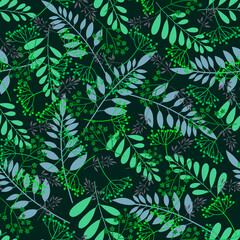 Fototapeta na wymiar Chaotic wild herbs and plants seamless pattern on a black background