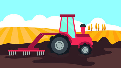 Obraz na płótnie Canvas Tractor plows a yellow field with wheat