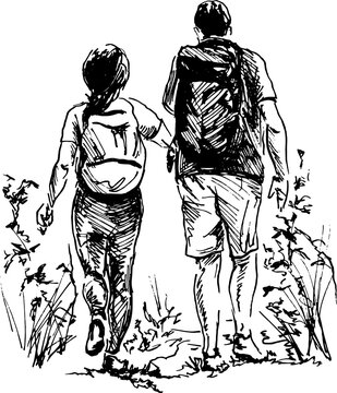 Hand sketch of tourists. Vector illustration.