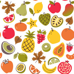 Colorful autumn seasonal fruits seamless pattern. Isolated fruits on white background. Vector illustration.
