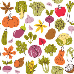 Colorful autumn seasonal vegetables seamless pattern. Isolated vegetables on white background. Vector illustration.