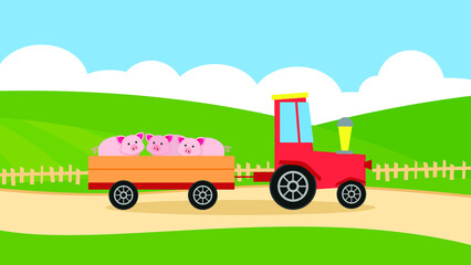 Fototapeta na wymiar Tractor carries pigs in a trailer