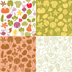 Autumn seasonal vegetables seamless pattern collection. Colorful, flat silhouette and doodle style. Isolated vegetables on white background. Vector illustration.