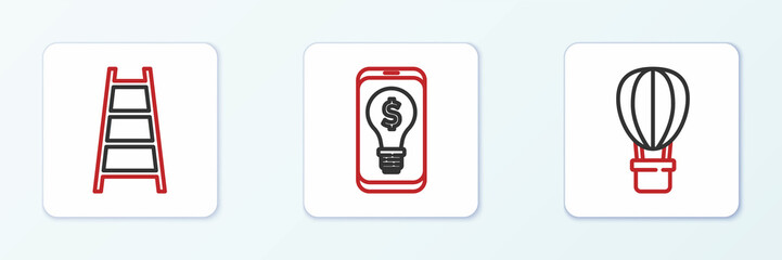Set line Hot air balloon, Stair with finish flag and Light bulb dollar mobile icon. Vector