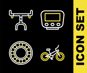 Set line Bicycle speedometer, ball bearing and handlebar icon. Vector