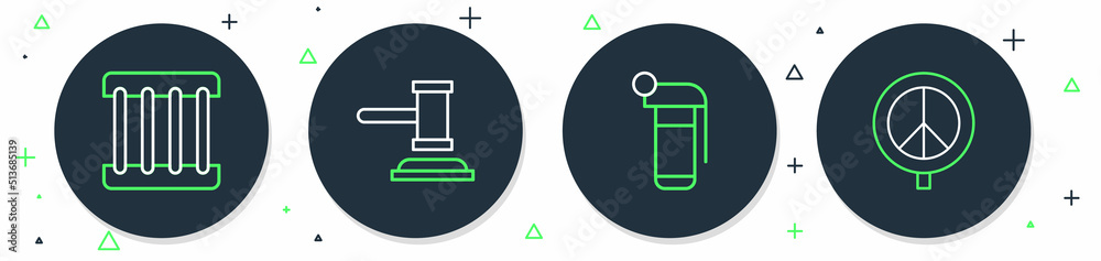 Poster set line judge gavel, hand grenade, prison window and peace icon. vector