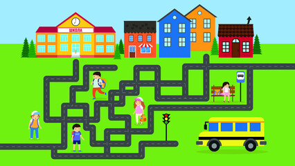 School bus, children and city route