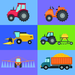 Types of agricultural machinery. Large tractor, small tractor, harvester, tractor with trailer for plowing and sowing, irrigation tractor and grain carrier