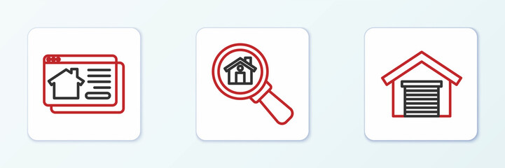 Set line Garage, Online real estate house and Search icon. Vector