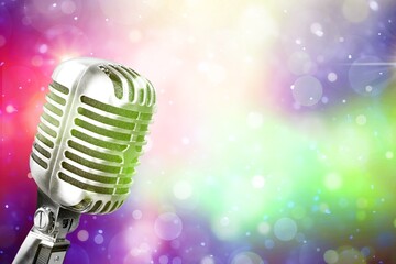 Fototapeta na wymiar Retro Microphone For Karaoke. Retro Mic on De focused Abstract Background
