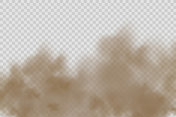 Dust cloud with dirt,cigarette smoke, smog, soil and sand particles. Realistic vector isolated on transparent background. Concept house cleaning, air pollution,big explosion,desert sandstorm.