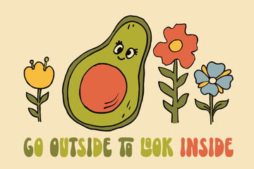 Retro 70s hippie avocado illustratoin. Psychedelic groovy style