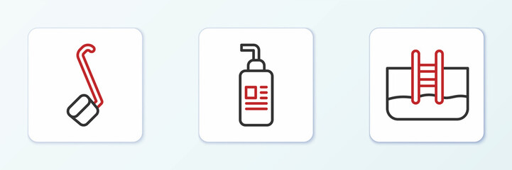 Set line Swimming pool with ladder, Sauna ladle and Cream or lotion cosmetic tube icon. Vector