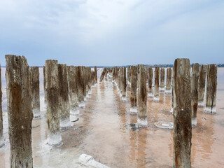 Wooden poles covered with natural salt in Kuyalnik Estuary. Beautiful landscape. Medical and health...
