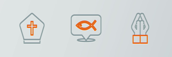 Obraz premium Set line Hands in praying position, Pope hat and Christian fish icon. Vector
