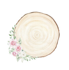 Wood slice watercolor illustration on white background. Botanical circle frame. Wedding, invitation, card, logo design
