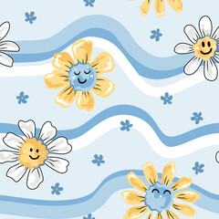 Fototapeta na wymiar Seamless pattern with smiling daisies. Vector illustration. Groovy vibes.